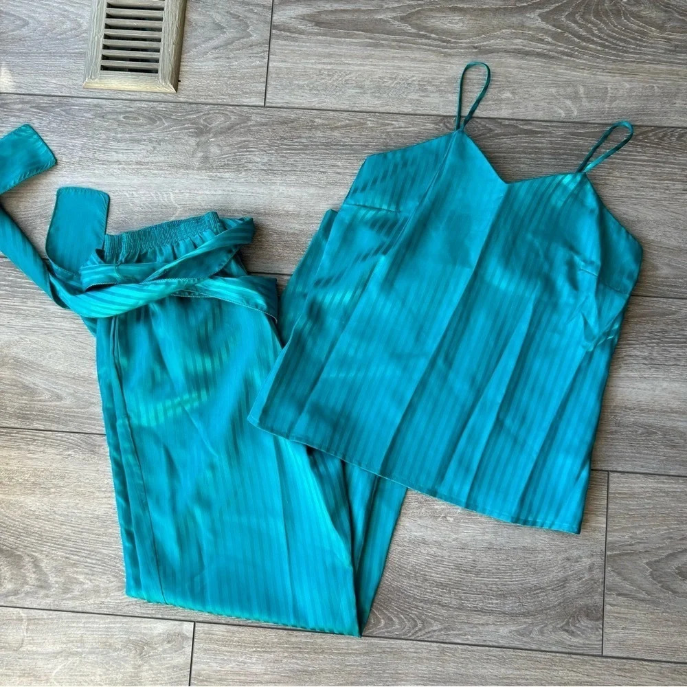Ziba Satin Silky Turquoise Pinstriped Cami Pants Two Sets Made in Canada
